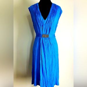Blue midi dress with detailed tie waist belt